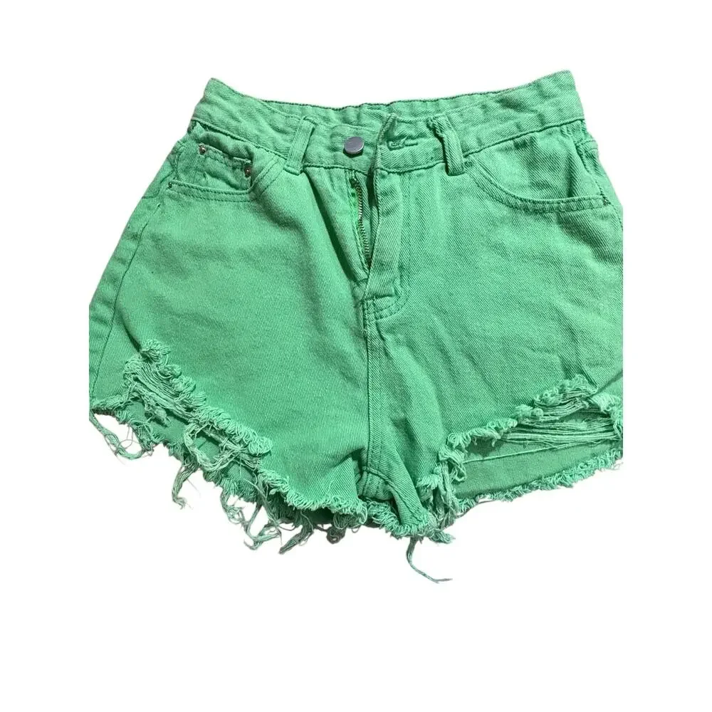 Kelly Green Raw Hem Distressed High Rise Jean Cut Off Shorts sz L